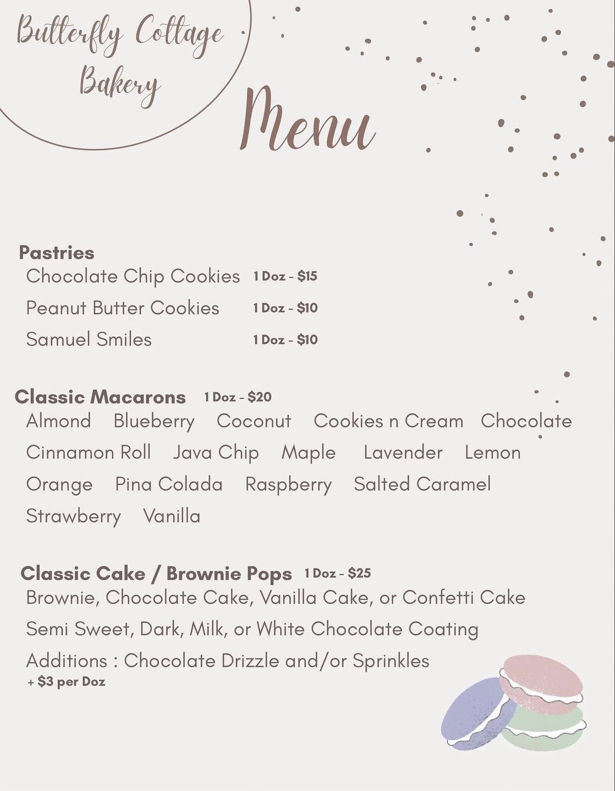 Butterfly Cottage Bakery menu poster